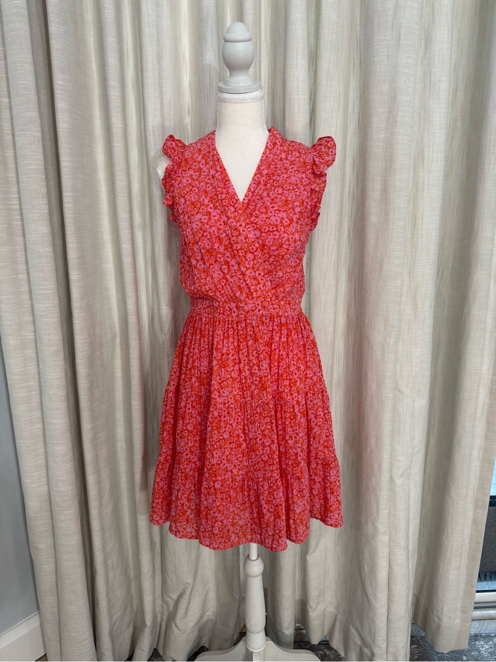 Rachel Zoe Red Floral V-Neck Mini Dress with Ruffle Shoulders